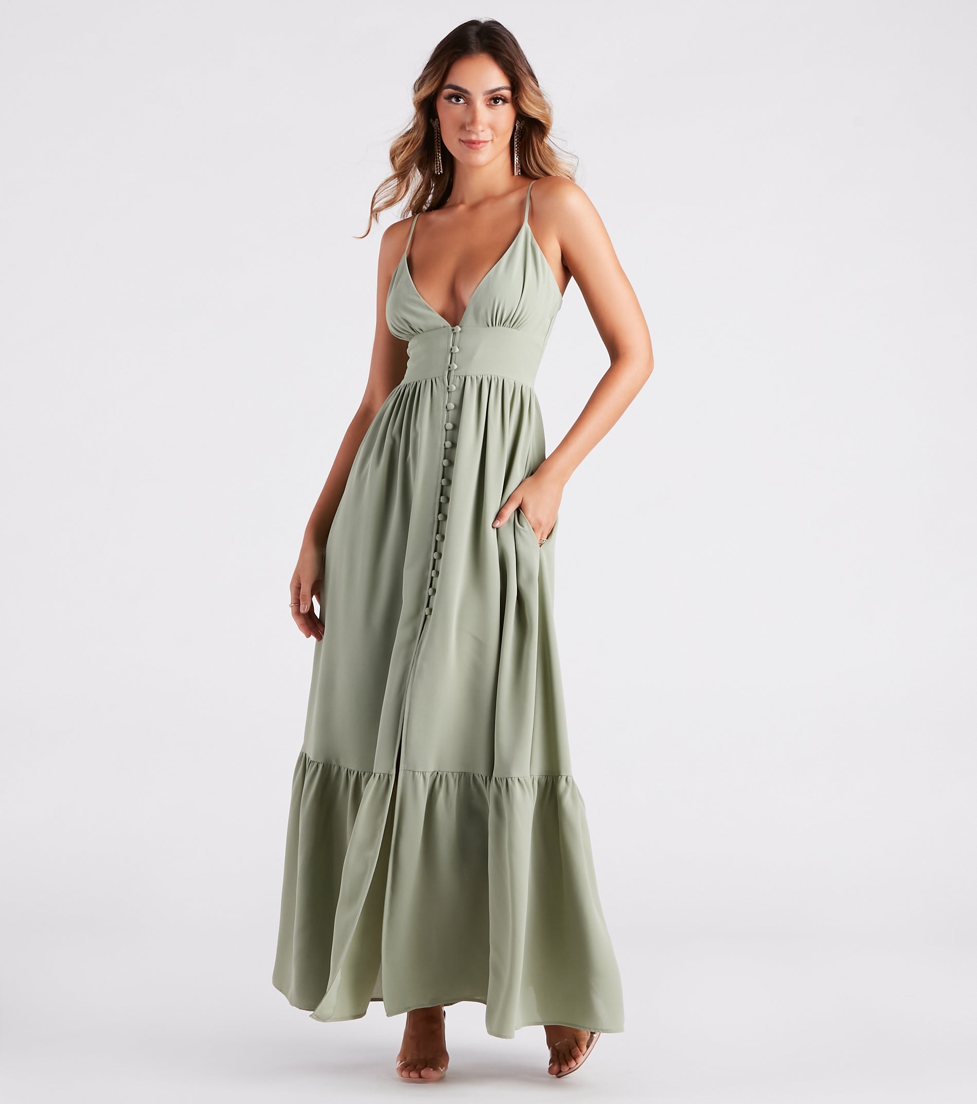 Swept Off Your Feet Button Ruffle Maxi Dress