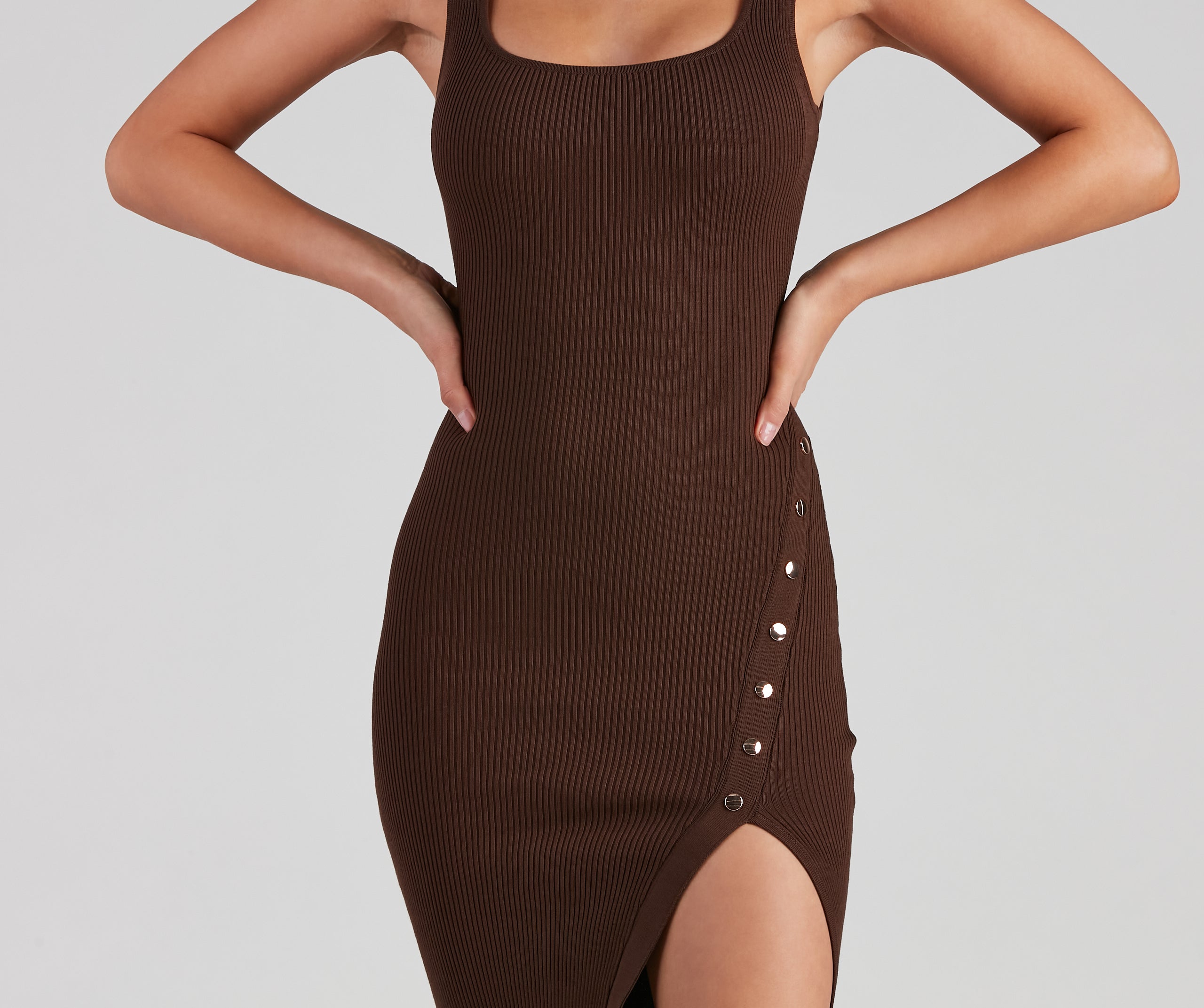 Strut And Snap Ribbed Knit Midi Dress