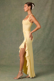 Embellished Ruffle-Trim Corset Gown in Yellow