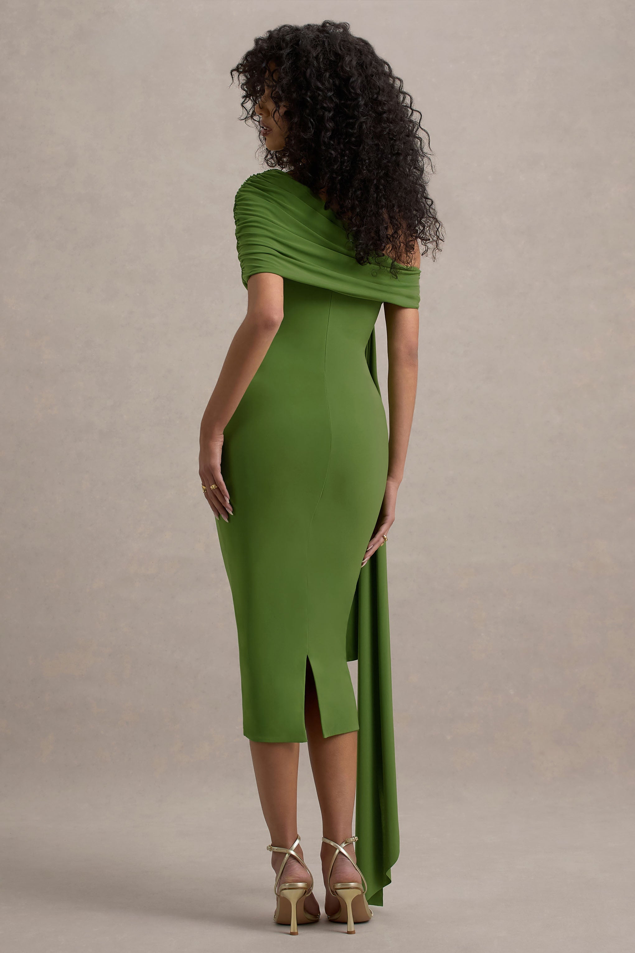 Selena's | Green Shoulder Draped Midi Dress