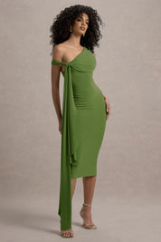 Selena's | Green Shoulder Draped Midi Dress