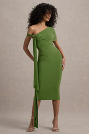 Selena's | Green Shoulder Draped Midi Dress